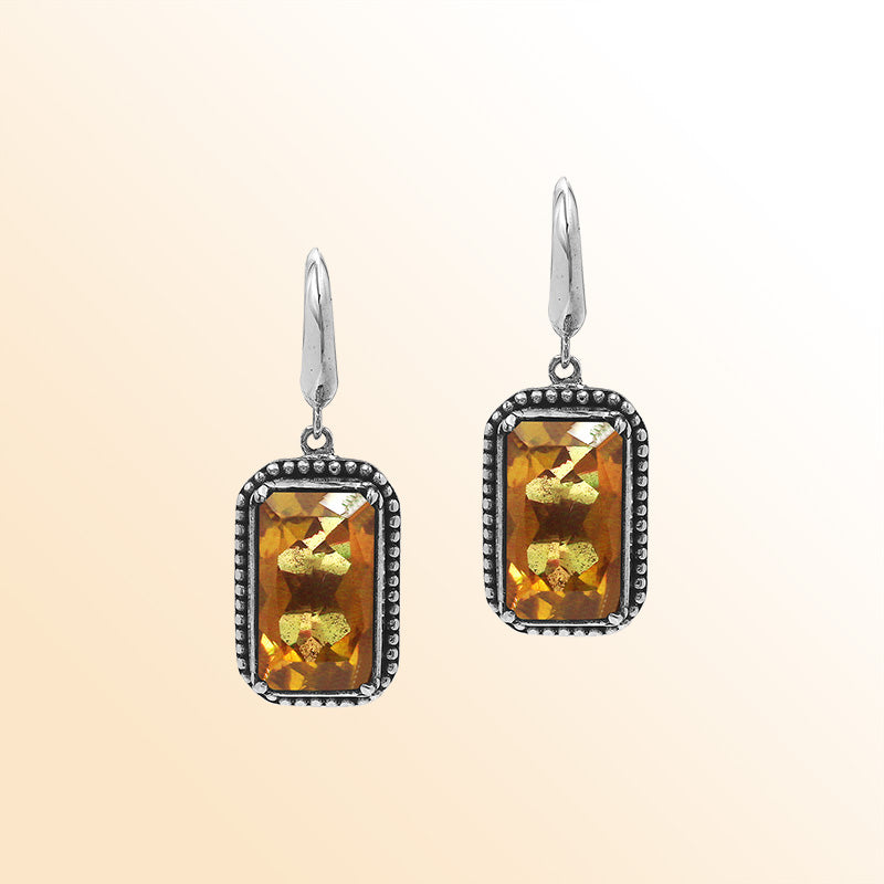 Handcrafted Sterling Silver Citrine Quartz Drop Earrings With Rope Frame And Balinese Scroll Accents