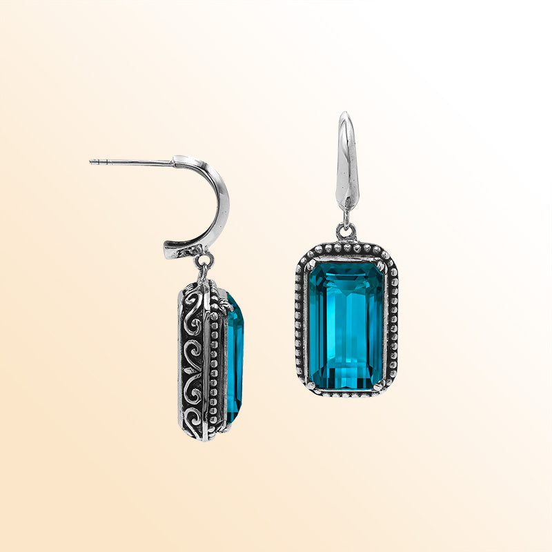 Handcrafted Sterling Silver London Blue Topaz Quartz Drop Earrings With Rope Frame And Balinese Scroll Accents