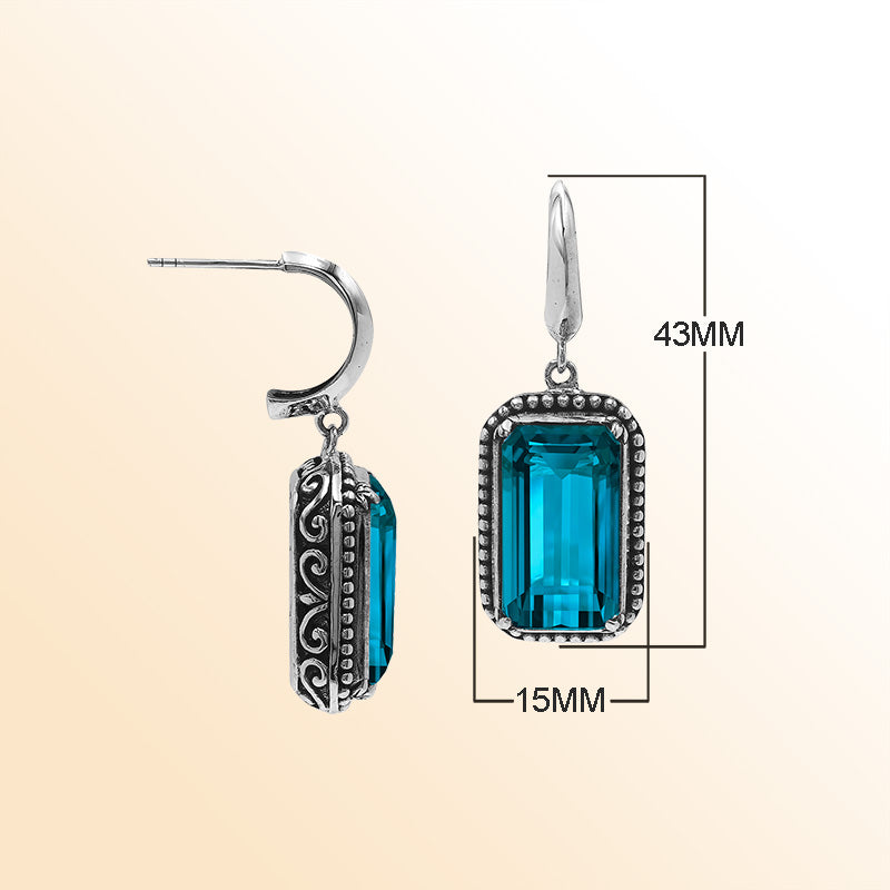 Handcrafted Sterling Silver London Blue Topaz Quartz Drop Earrings With Rope Frame And Balinese Scroll Accents