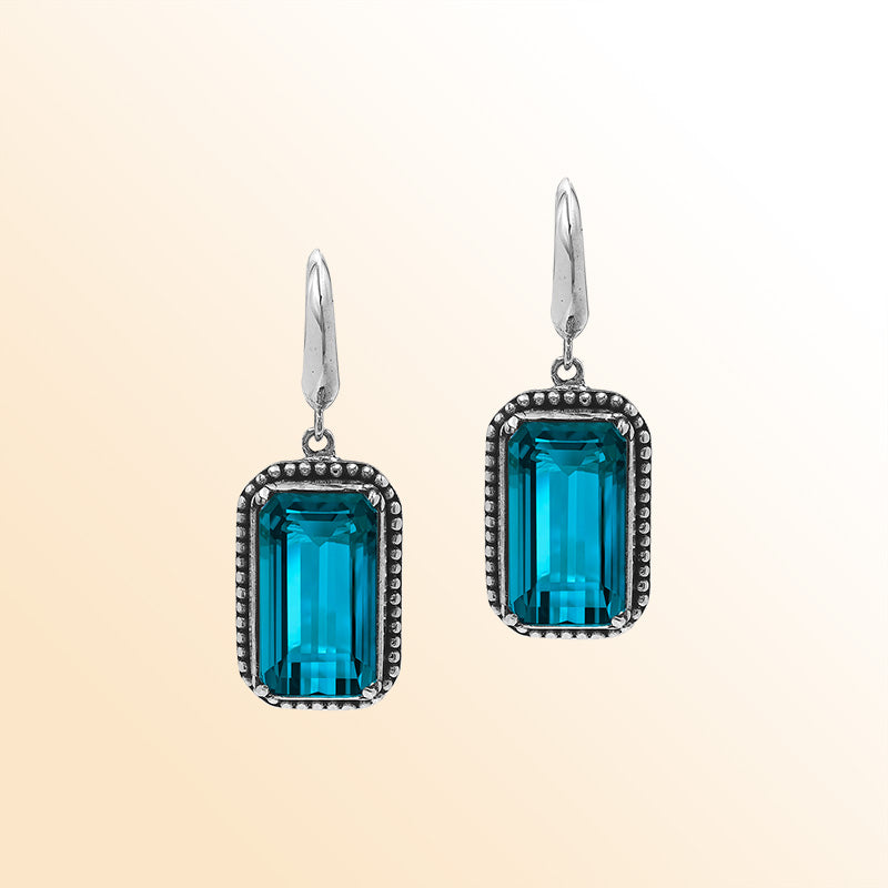 Handcrafted Sterling Silver London Blue Topaz Quartz Drop Earrings With Rope Frame And Balinese Scroll Accents