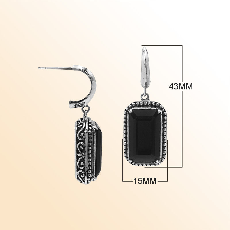 Sterling Silver Black Onyx Drop Earrings With Rope Bezel And Scroll Side Detailing