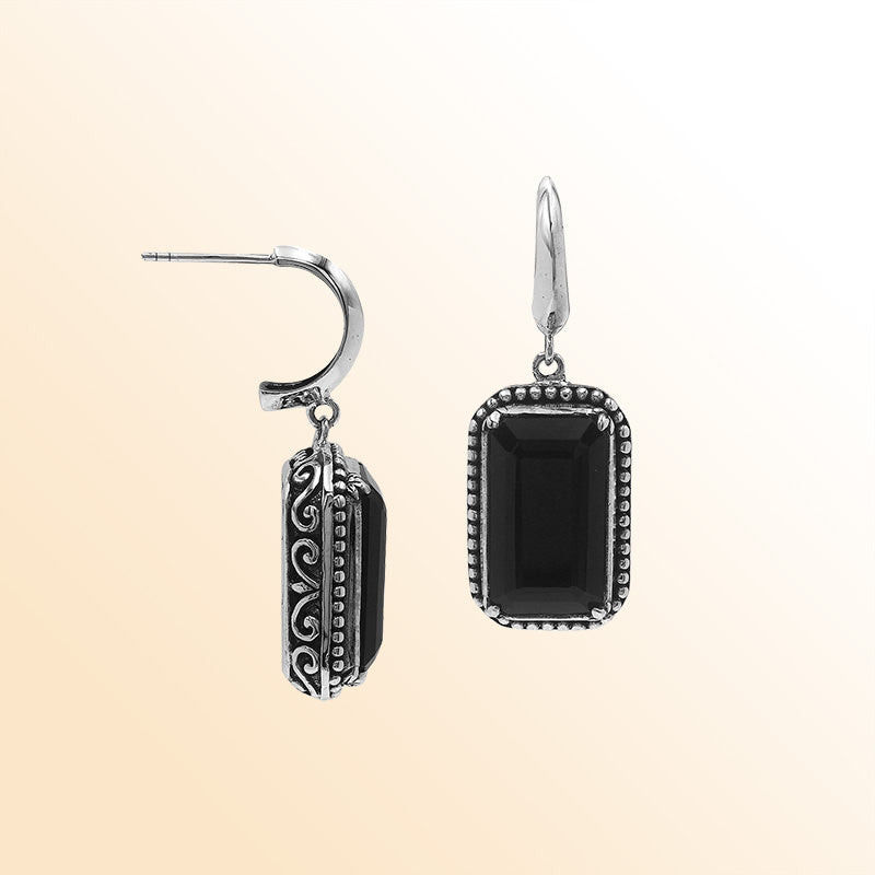 Sterling Silver Black Onyx Drop Earrings With Rope Bezel And Scroll Side Detailing