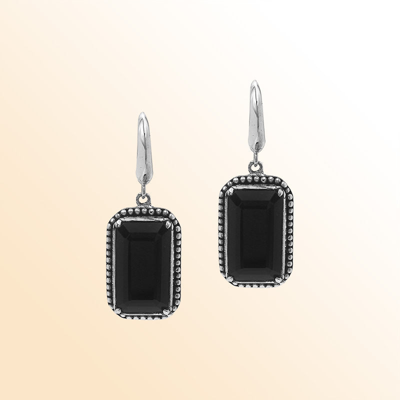 Sterling Silver Black Onyx Drop Earrings With Rope Bezel And Scroll Side Detailing