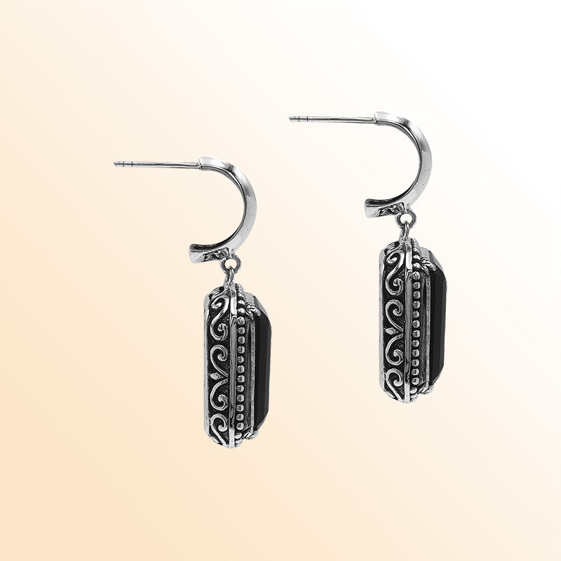 Sterling Silver Black Onyx Drop Earrings With Rope Bezel And Scroll Side Detailing