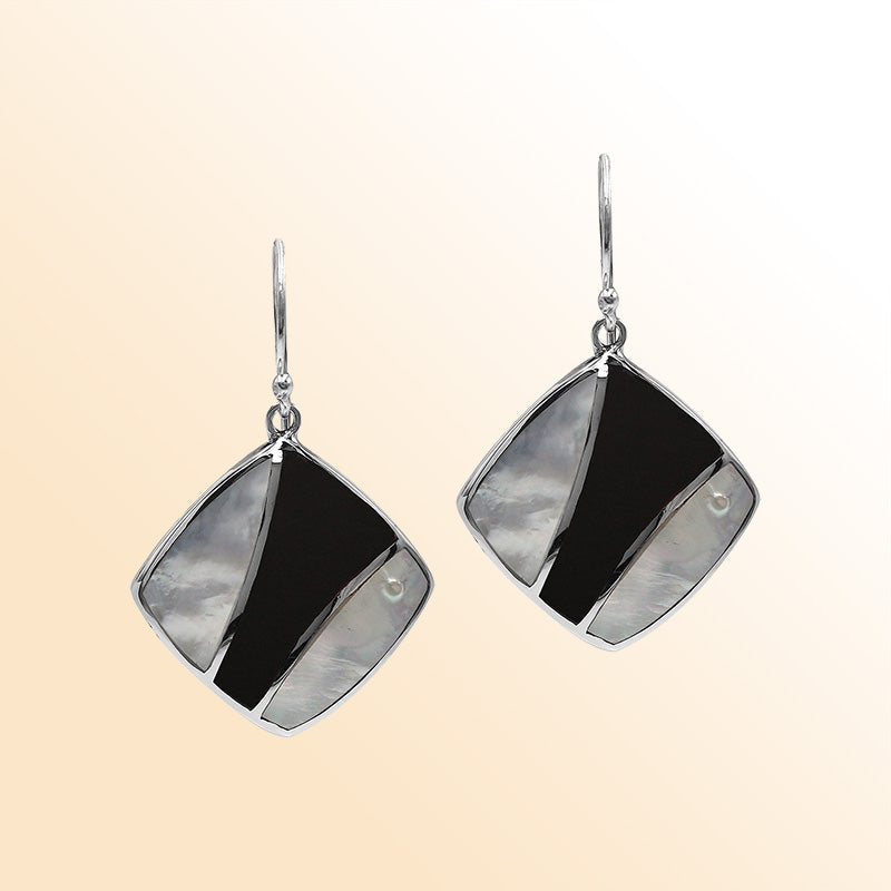 Handcrafted Sterling Silver Mother Of Pearl And Black Shell Curved Inlay Diamond Drop Earrings