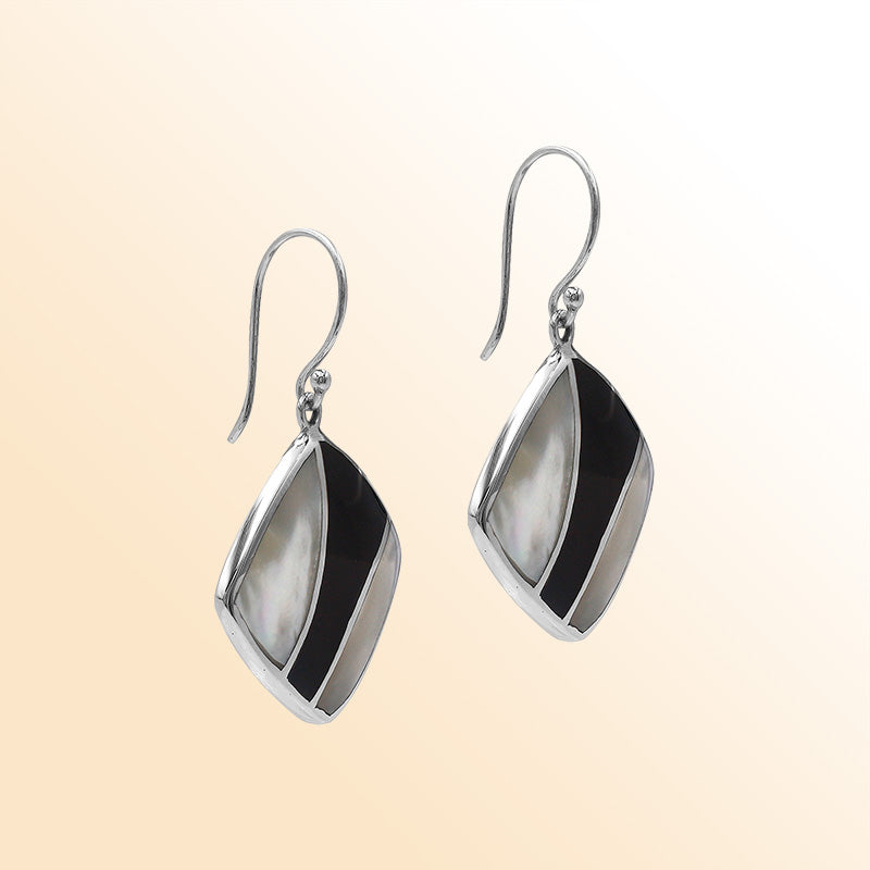 Handcrafted Sterling Silver Mother Of Pearl And Black Shell Curved Inlay Diamond Drop Earrings