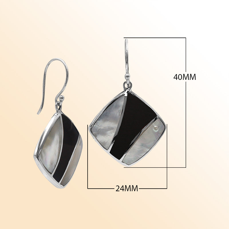 Handcrafted Sterling Silver Mother Of Pearl And Black Shell Curved Inlay Diamond Drop Earrings