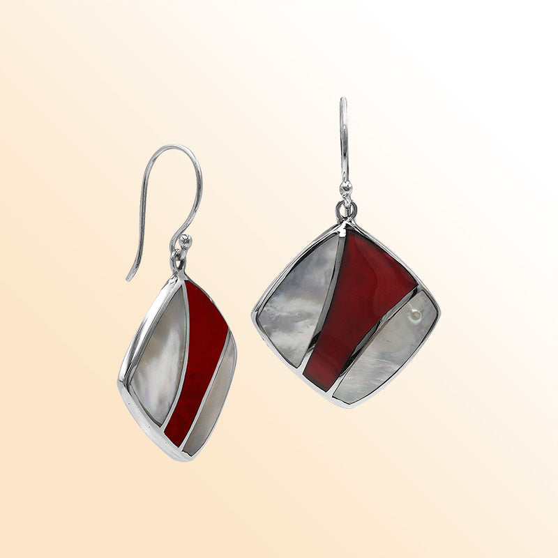 Handcrafted Sterling Silver Mother Of Pearl And Red Coral Curved Inlay Diamond Drop Earrings