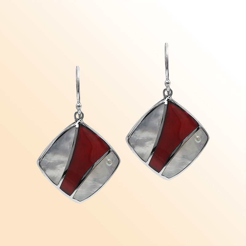 Handcrafted Sterling Silver Mother Of Pearl And Red Coral Curved Inlay Diamond Drop Earrings