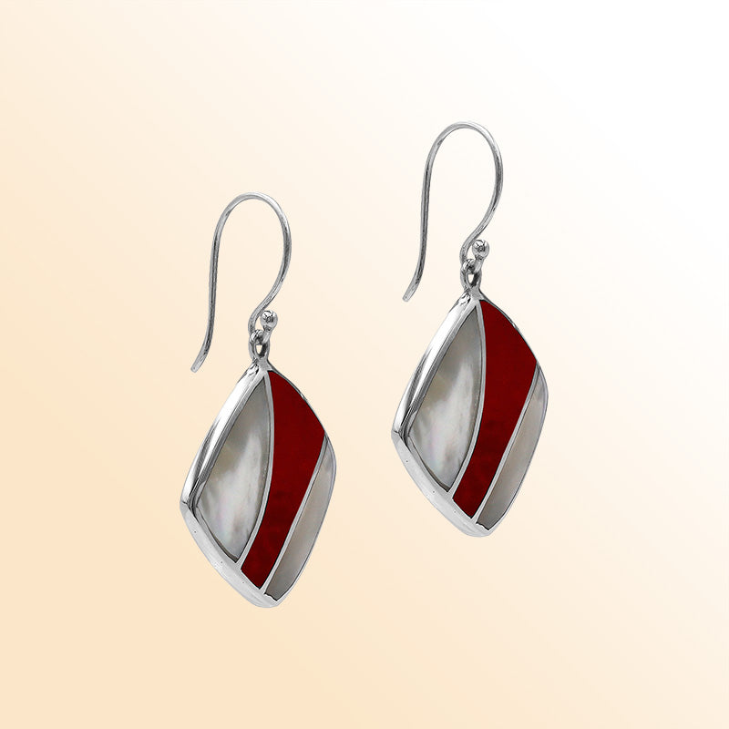 Handcrafted Sterling Silver Mother Of Pearl And Red Coral Curved Inlay Diamond Drop Earrings