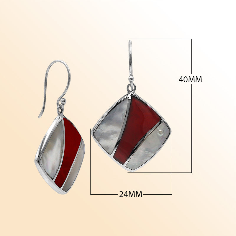 Handcrafted Sterling Silver Mother Of Pearl And Red Coral Curved Inlay Diamond Drop Earrings