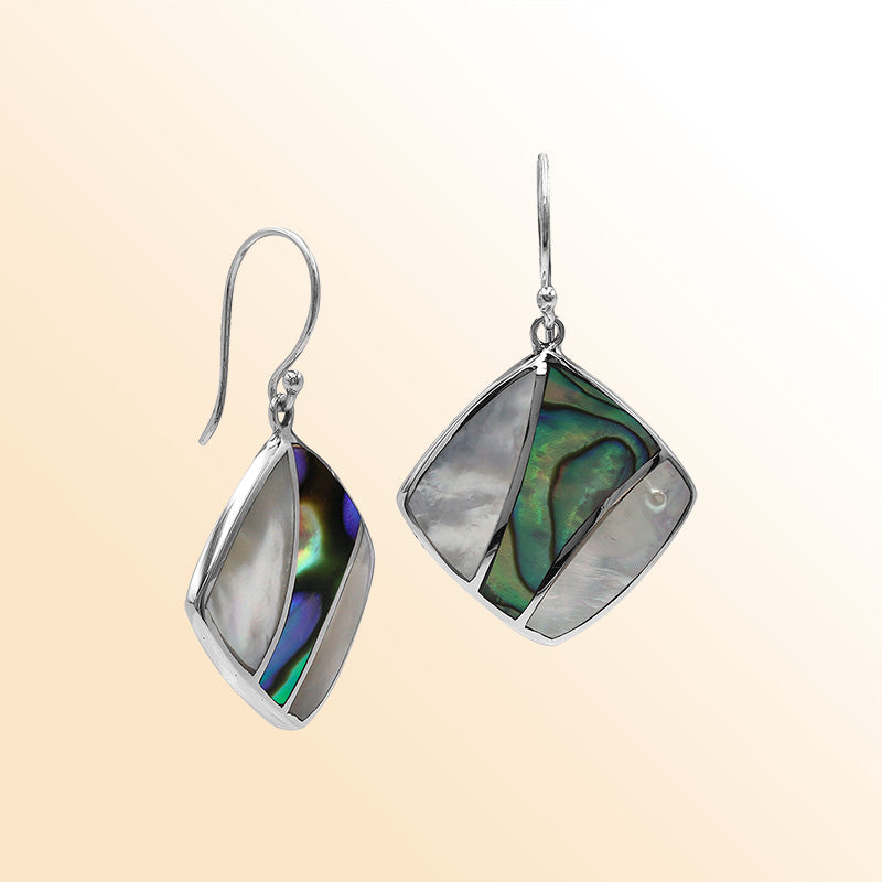Handcrafted Sterling Silver Mother Of Pearl And Abalone Shell Curved Inlay Diamond Drop Earrings