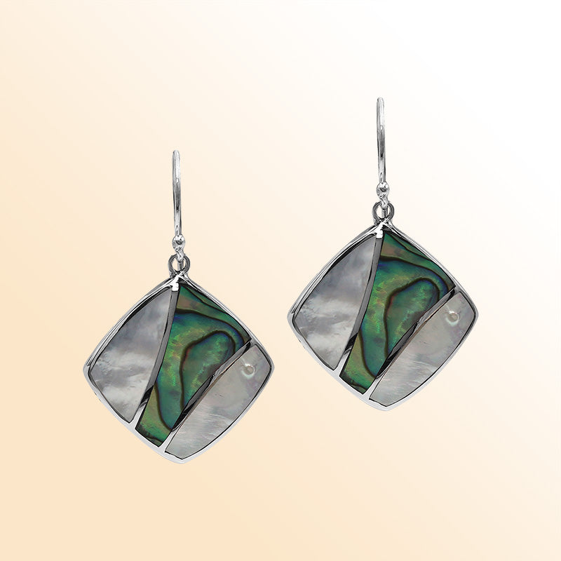 Handcrafted Sterling Silver Mother Of Pearl And Abalone Shell Curved Inlay Diamond Drop Earrings