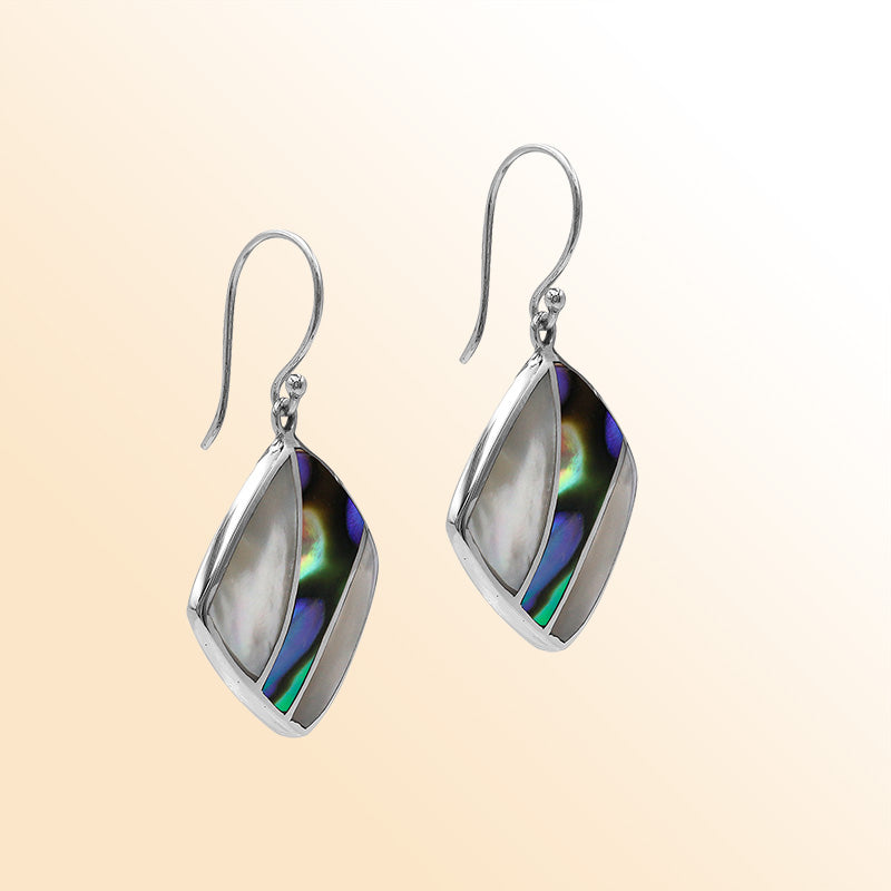 Handcrafted Sterling Silver Mother Of Pearl And Abalone Shell Curved Inlay Diamond Drop Earrings
