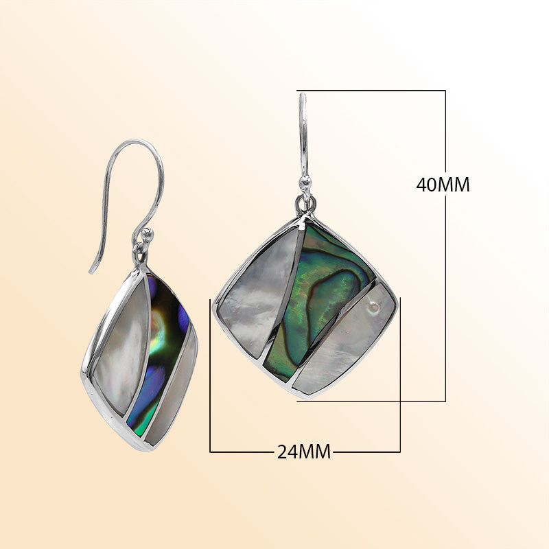 Handcrafted Sterling Silver Mother Of Pearl And Abalone Shell Curved Inlay Diamond Drop Earrings