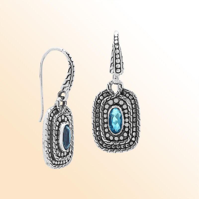 Sterling Silver Blue Topaz Quartz Granulated Oval Drop Earrings With Balinese Detailing