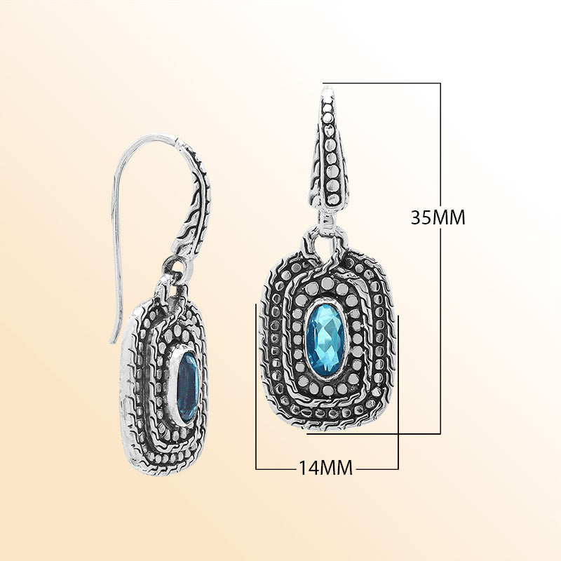 Sterling Silver Blue Topaz Quartz Granulated Oval Drop Earrings With Balinese Detailing