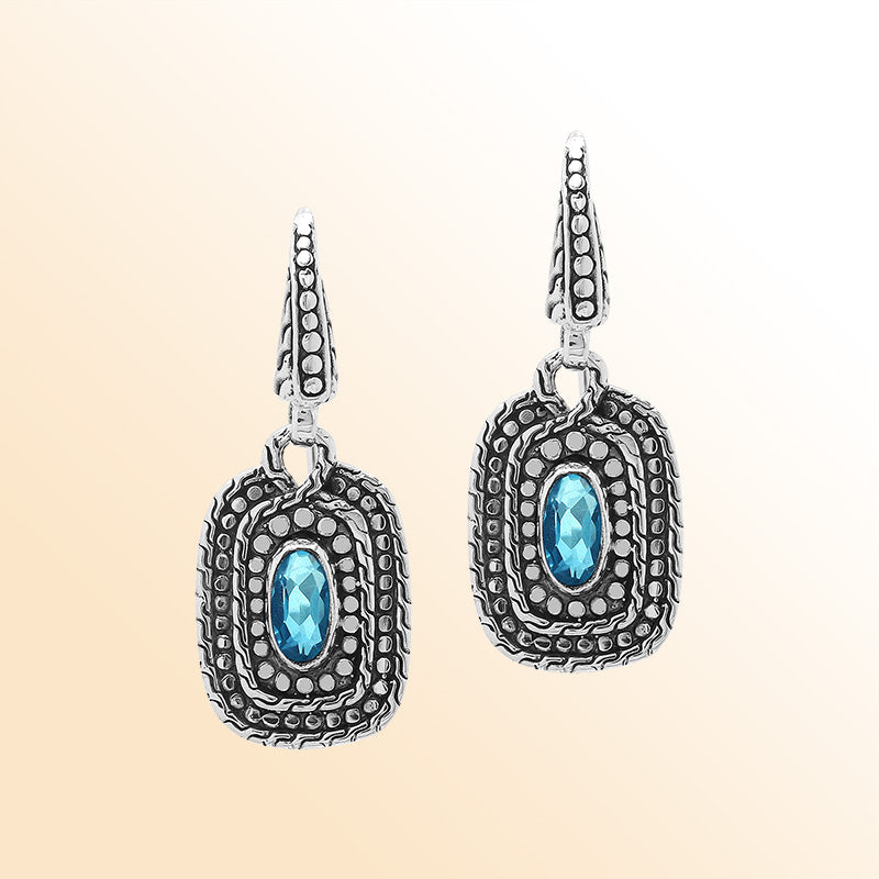 Sterling Silver Blue Topaz Quartz Granulated Oval Drop Earrings With Balinese Detailing