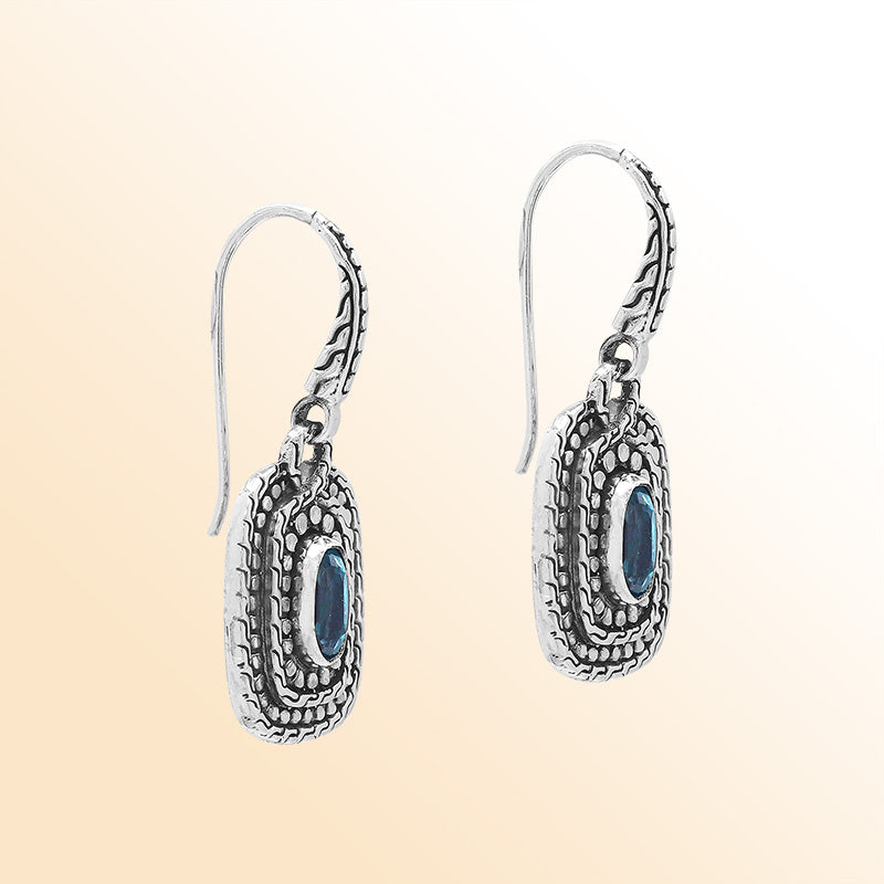 Sterling Silver Blue Topaz Quartz Granulated Oval Drop Earrings With Balinese Detailing