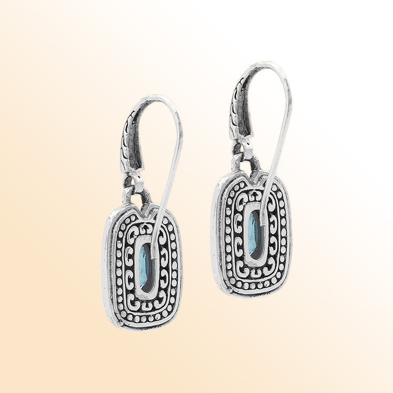 Sterling Silver Blue Topaz Quartz Granulated Oval Drop Earrings With Balinese Detailing