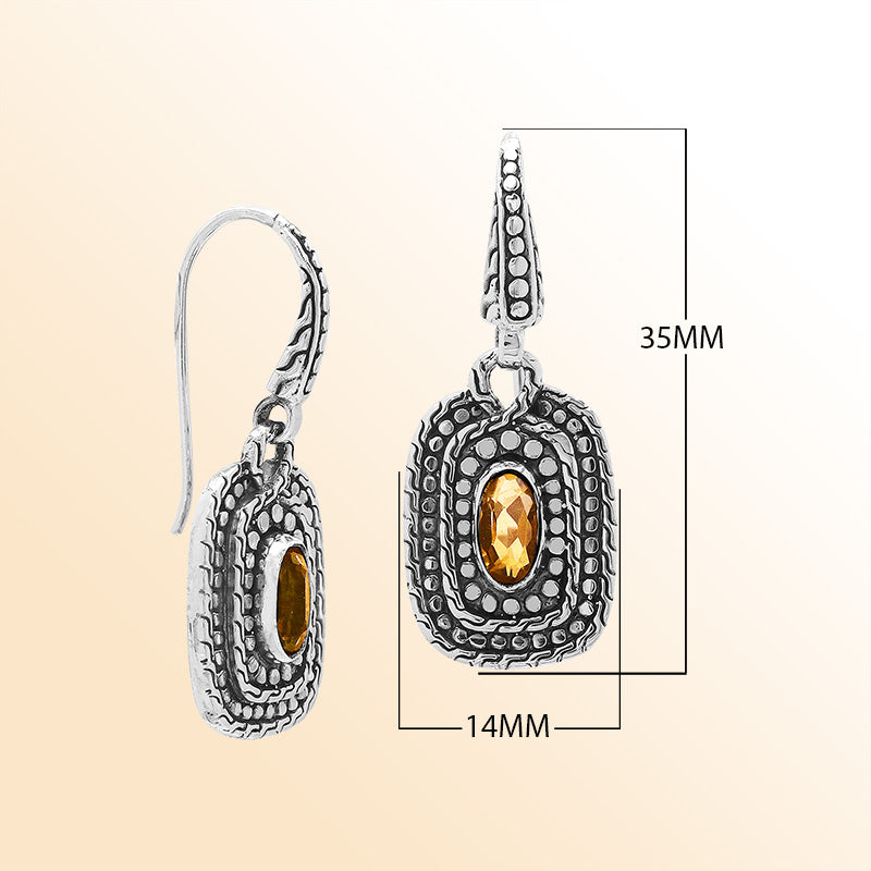 Handcrafted Sterling Silver Citrine Quartz Granulated Oval Drop Earrings With Balinese Accents