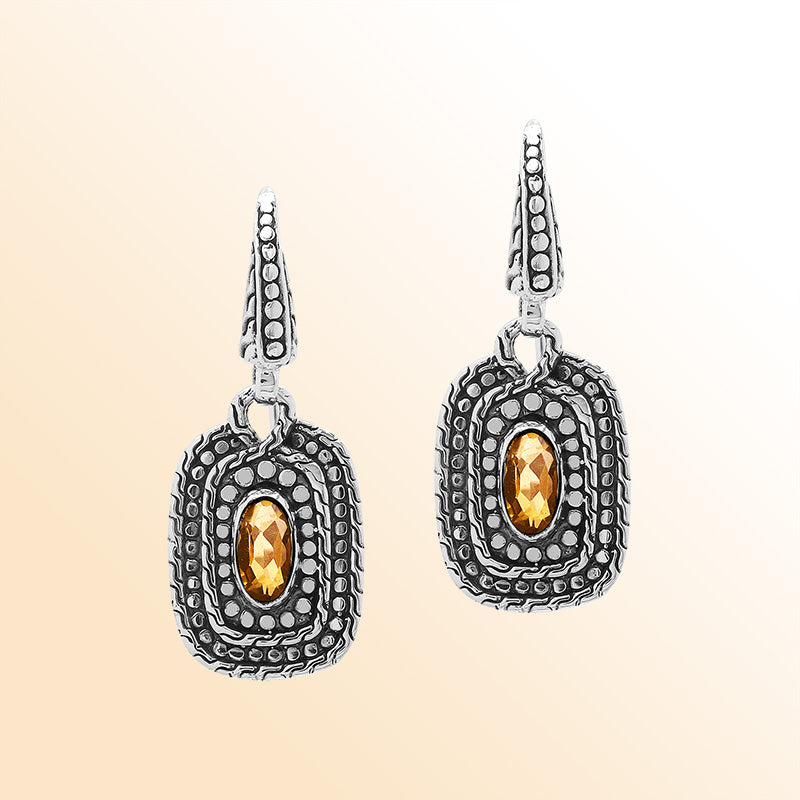 Handcrafted Sterling Silver Citrine Quartz Granulated Oval Drop Earrings With Balinese Accents