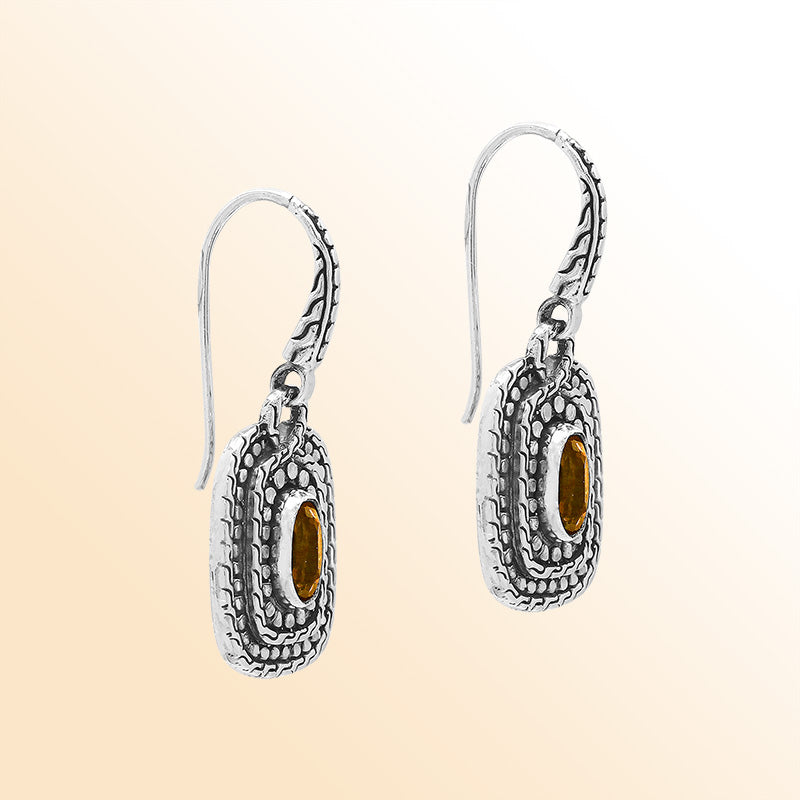 Handcrafted Sterling Silver Citrine Quartz Granulated Oval Drop Earrings With Balinese Accents