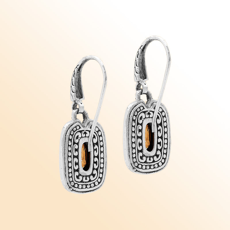 Handcrafted Sterling Silver Citrine Quartz Granulated Oval Drop Earrings With Balinese Accents