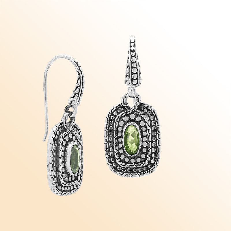 Handcrafted Sterling Silver Green Amethyst Quartz Granulated Oval Drop Earrings With Balinese Accents