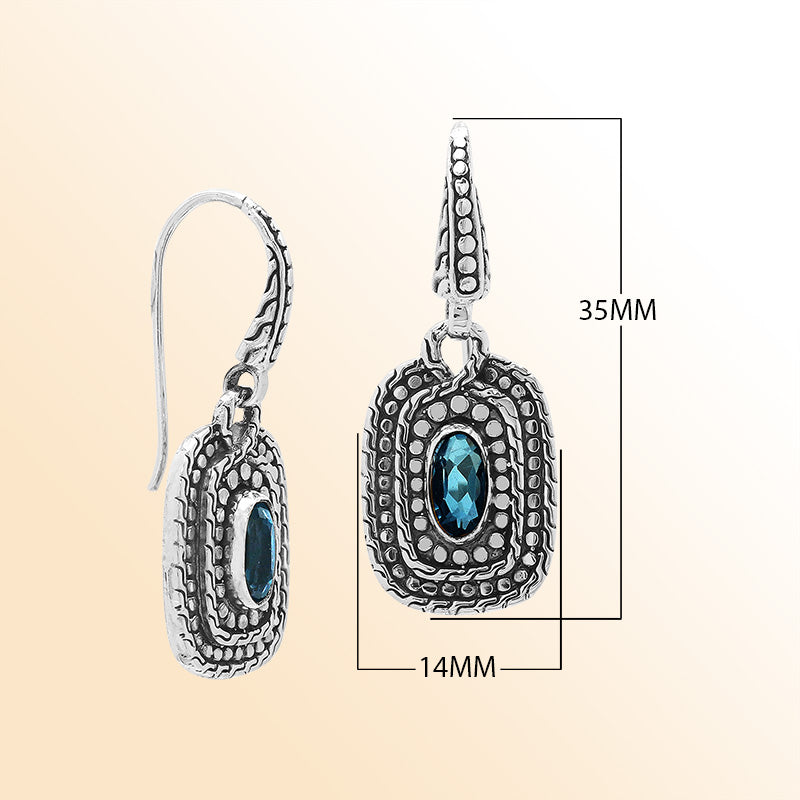 Handcrafted Sterling Silver London Blue Topaz Quartz Granulated Oval Drop Earrings With Balinese Accents