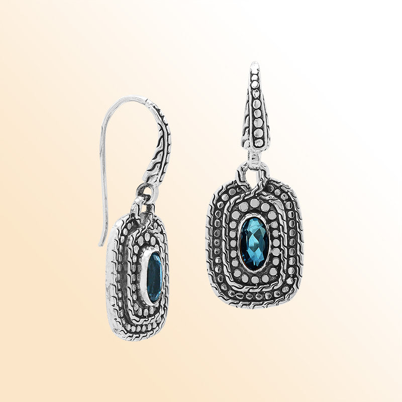 Handcrafted Sterling Silver London Blue Topaz Quartz Granulated Oval Drop Earrings With Balinese Accents