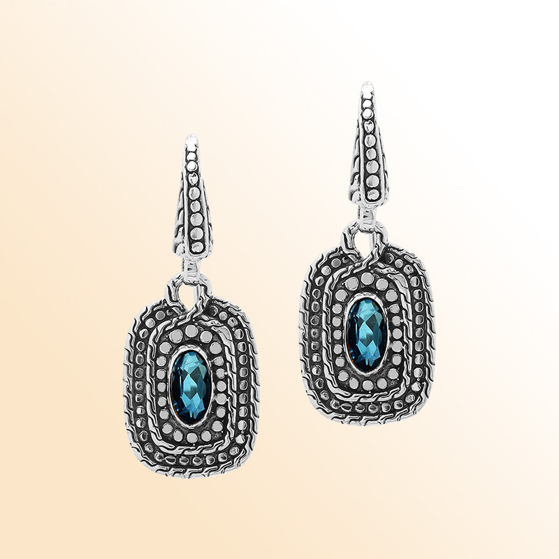 Handcrafted Sterling Silver London Blue Topaz Quartz Granulated Oval Drop Earrings With Balinese Accents