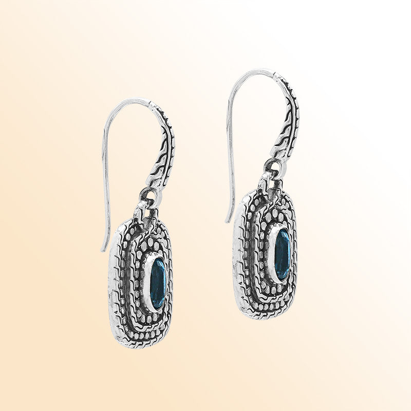 Handcrafted Sterling Silver London Blue Topaz Quartz Granulated Oval Drop Earrings With Balinese Accents