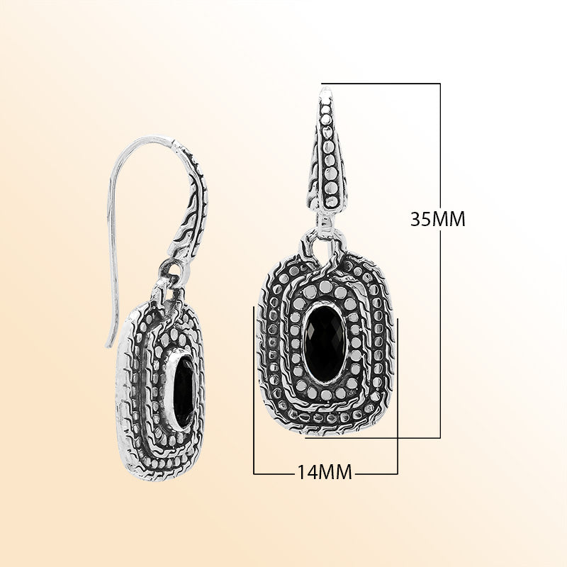 Handcrafted Sterling Silver Black Onyx Granulated Oval Drop Earrings With Balinese Accents
