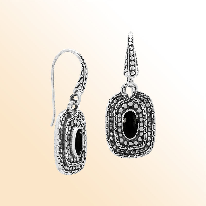 Handcrafted Sterling Silver Black Onyx Granulated Oval Drop Earrings With Balinese Accents