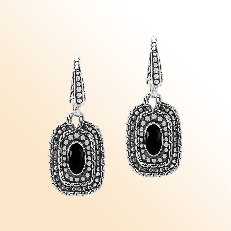 Handcrafted Sterling Silver Black Onyx Granulated Oval Drop Earrings With Balinese Accents