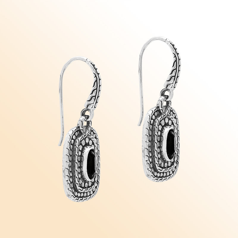 Handcrafted Sterling Silver Black Onyx Granulated Oval Drop Earrings With Balinese Accents