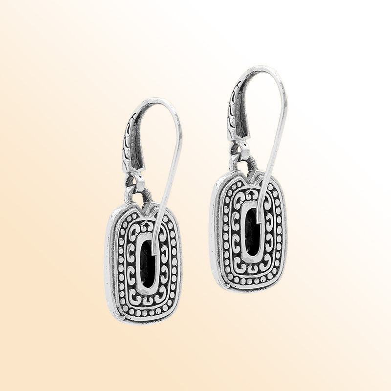 Handcrafted Sterling Silver Black Onyx Granulated Oval Drop Earrings With Balinese Accents