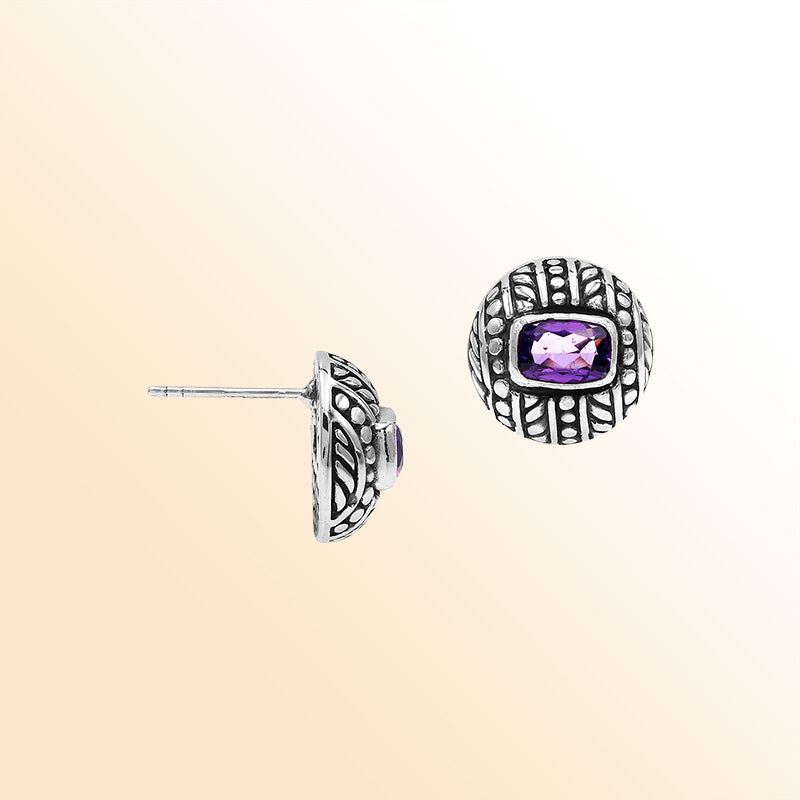 Handcrafted Balinese Sterling Silver Stud Earrings With Amethyst Quartz And Ornate Carved Detailing