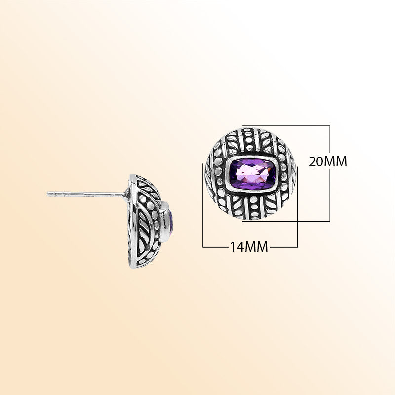 Handcrafted Balinese Sterling Silver Stud Earrings With Amethyst Quartz And Ornate Carved Detailing