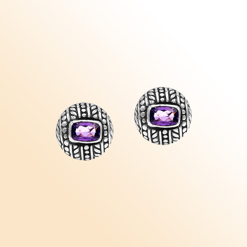 Handcrafted Balinese Sterling Silver Stud Earrings With Amethyst Quartz And Ornate Carved Detailing