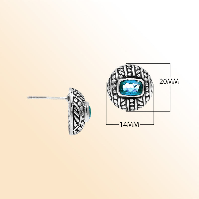 Handcrafted Balinese Sterling Silver Stud Earrings With Blue Topaz Quartz And Ornate Carved Detailing