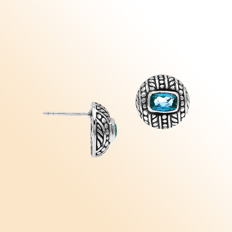 Handcrafted Balinese Sterling Silver Stud Earrings With Blue Topaz Quartz And Ornate Carved Detailing