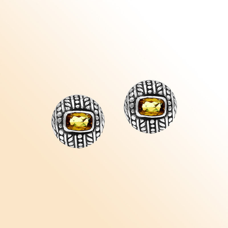 Handcrafted Balinese Sterling Silver Stud Earrings With Citrine Quartz And Ornate Carved Detailing
