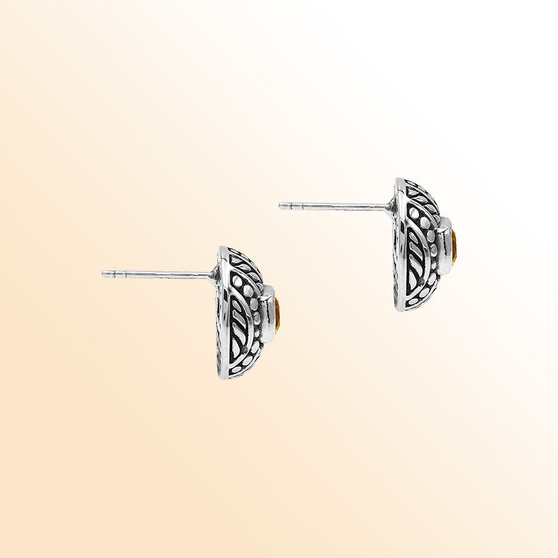 Handcrafted Balinese Sterling Silver Stud Earrings With Citrine Quartz And Ornate Carved Detailing