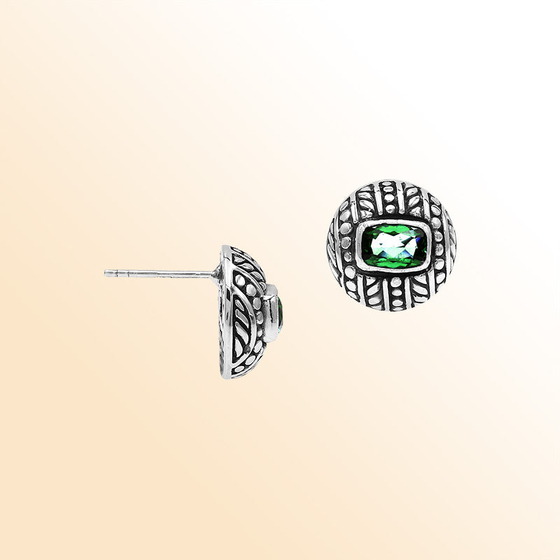 Handcrafted Balinese Sterling Silver Stud Earrings With Green Quartz And Ornate Carved Detailing
