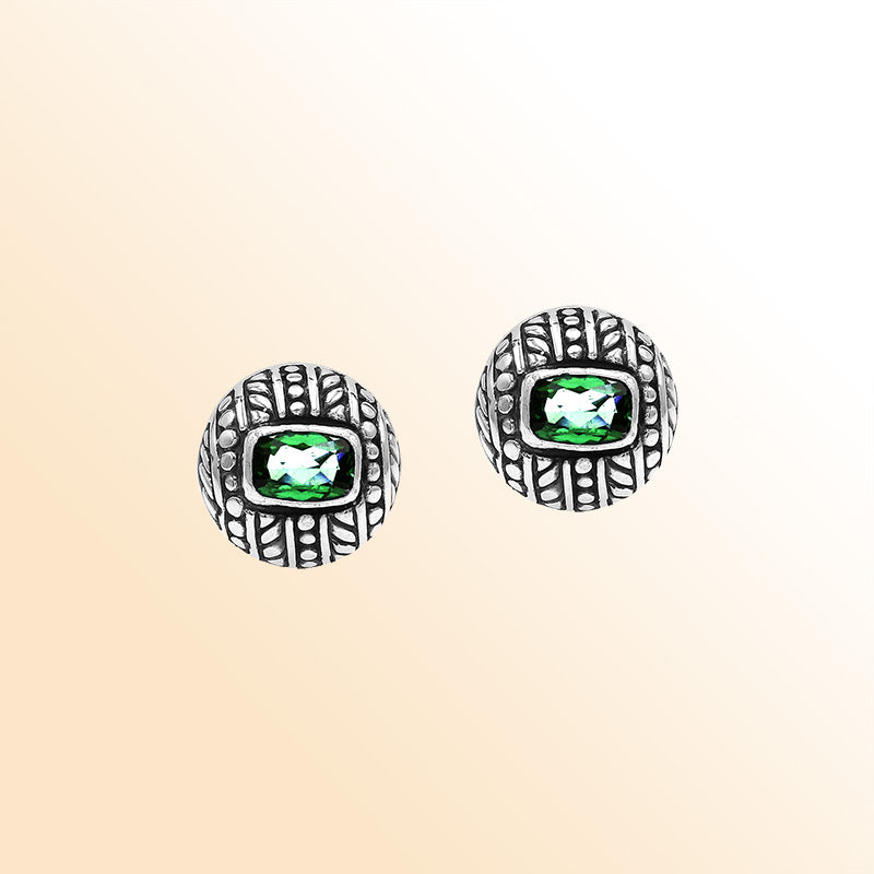 Handcrafted Balinese Sterling Silver Stud Earrings With Green Quartz And Ornate Carved Detailing
