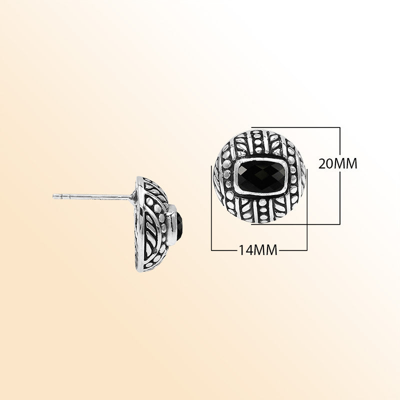 Handcrafted Balinese Sterling Silver Stud Earrings With Black Onyx And Ornate Carved Detailing