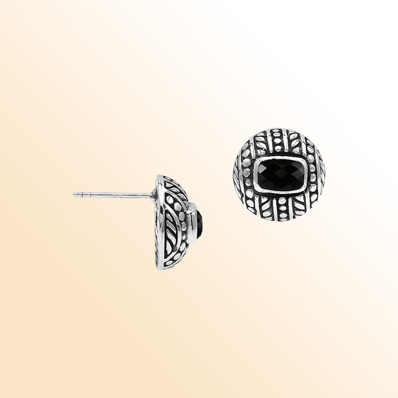 Handcrafted Balinese Sterling Silver Stud Earrings With Black Onyx And Ornate Carved Detailing