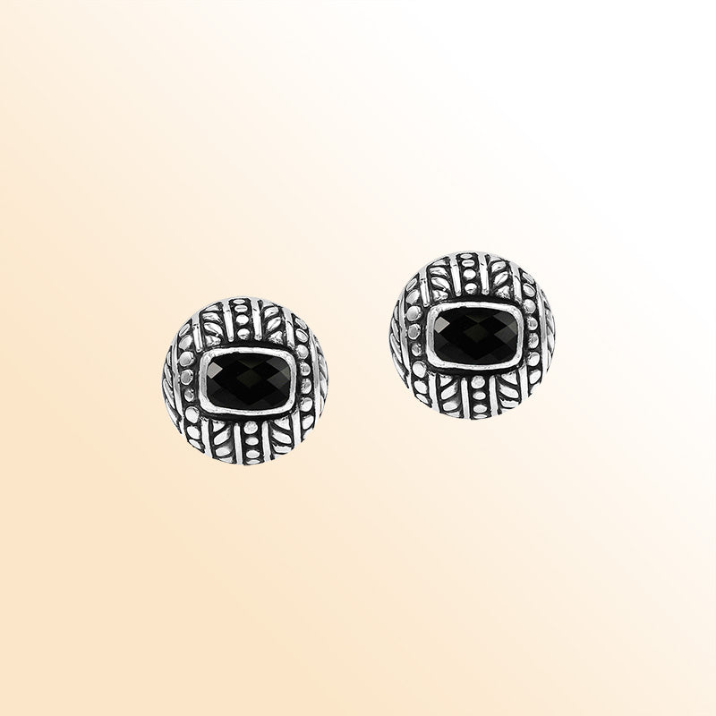 Handcrafted Balinese Sterling Silver Stud Earrings With Black Onyx And Ornate Carved Detailing